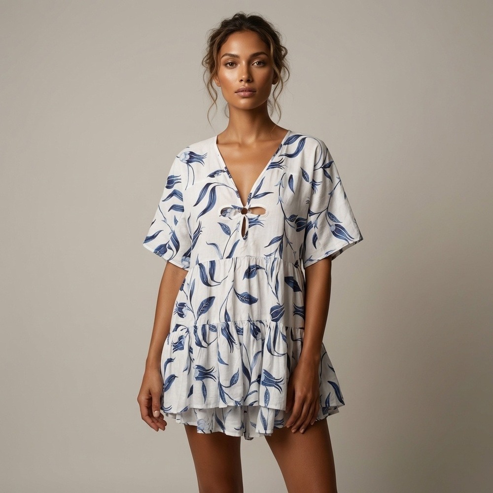 Anthropologie Blue White Floral Tiered Tunic Top V-Neck Tie Boho Viscose Small